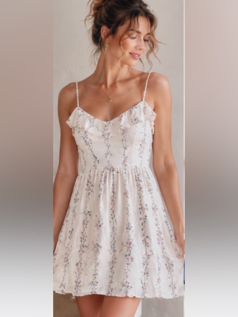 Trixxi Ivory Floral Mini Dress L Ruffle Strap Fit & Flare Cottagecore